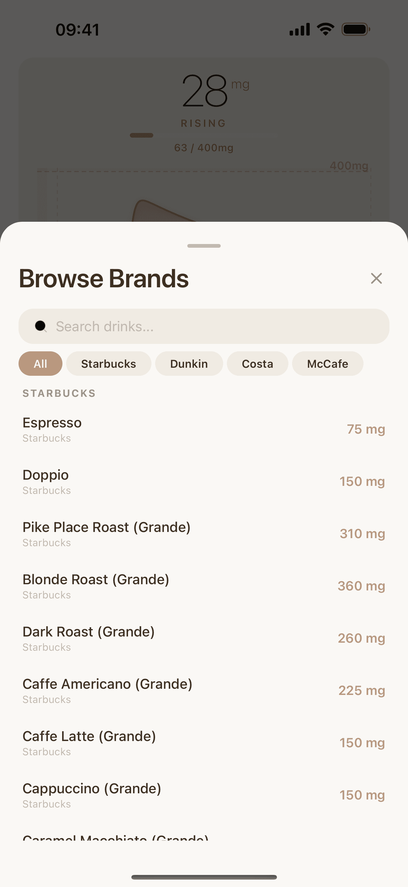 Browse Brands screen with Starbucks, Dunkin, Costa, and McCafe drinks