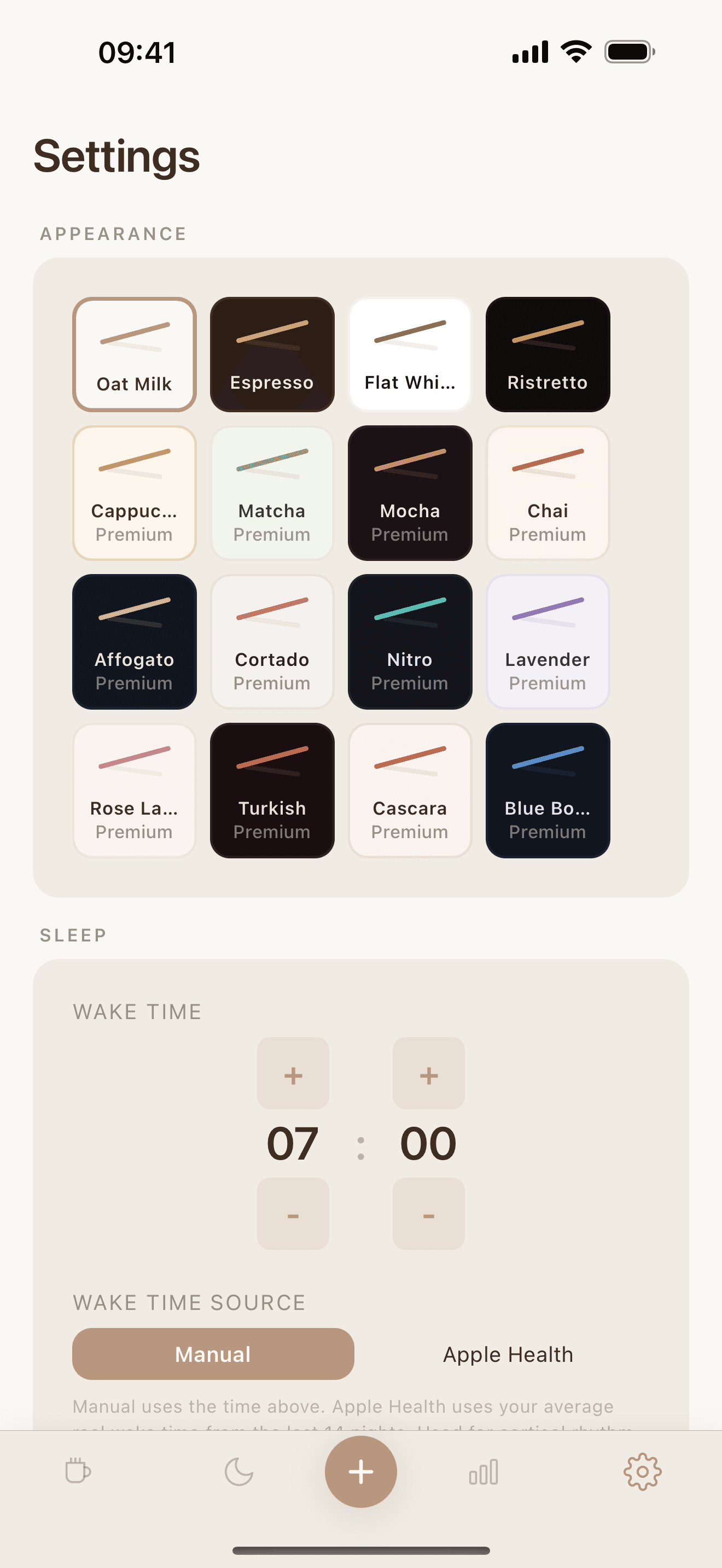 Settings screen showing 16 coffee-themed color themes and sleep configuration